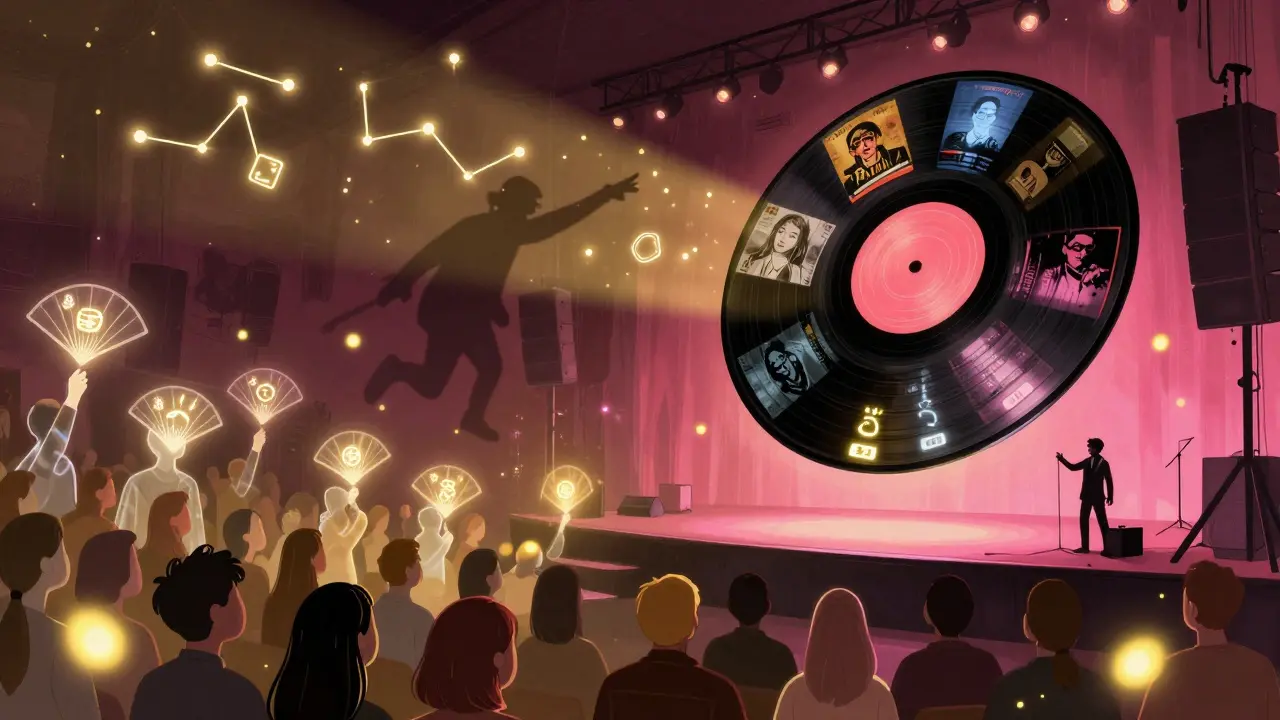 Audience made of floating avatars emits token fireflies into a spinning vinyl record above a concert stage.