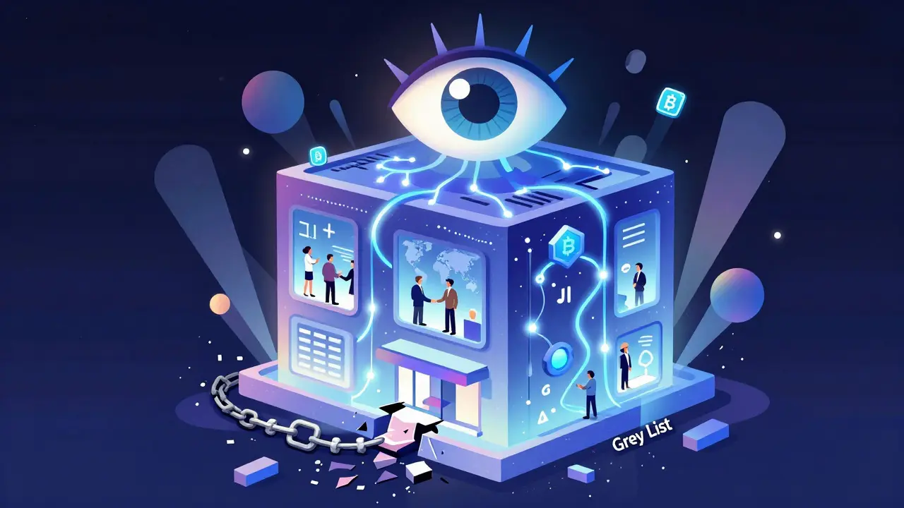 Crypto exchange building as a living organism with blockchain veins and global handshake icons.