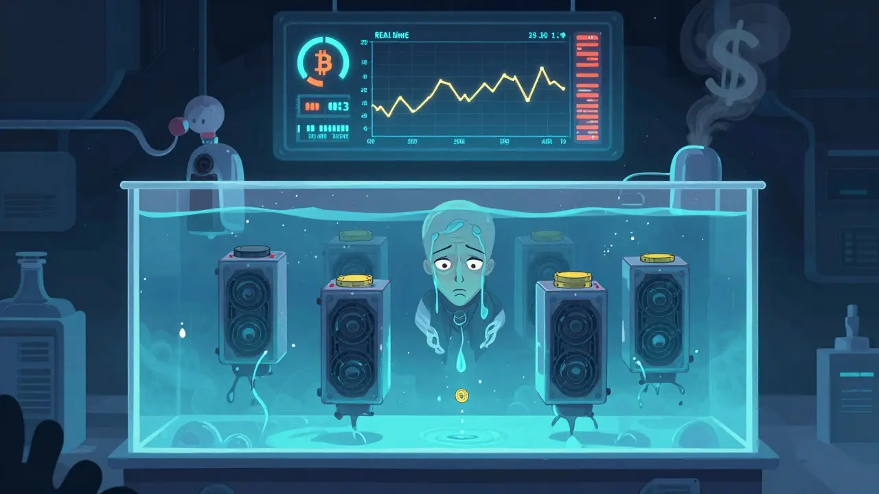 Five ASIC miners float in glowing blue coolant, with a digital dashboard above showing falling Bitcoin prices and temperature alerts.