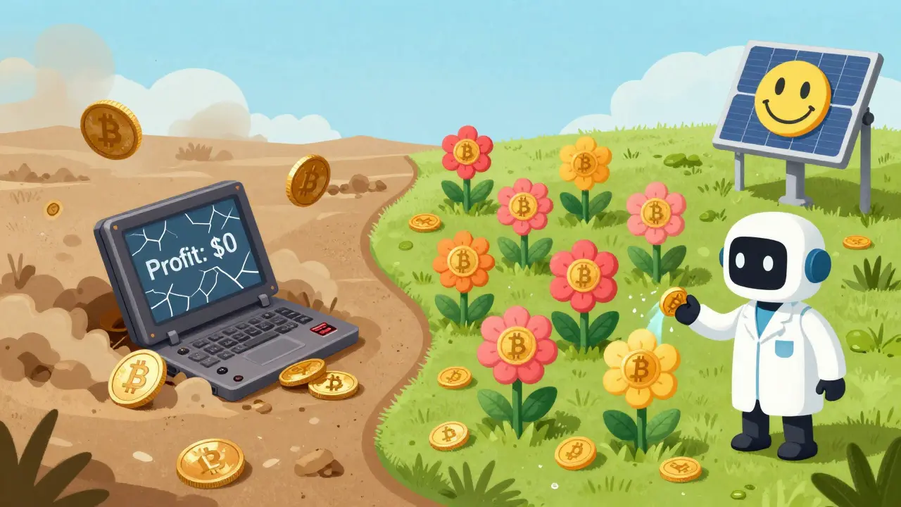 Split scene: abandoned ASIC buried under worthless Bitcoin coins vs. a vibrant GPU garden blooming with coins.