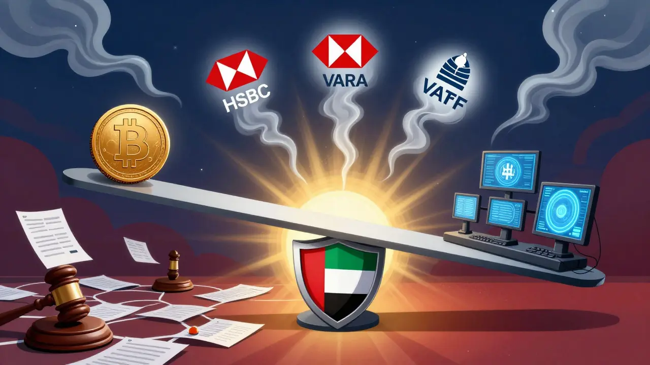 Surreal scale balancing crypto token against legal and tech symbols, glowing under UAE shield.