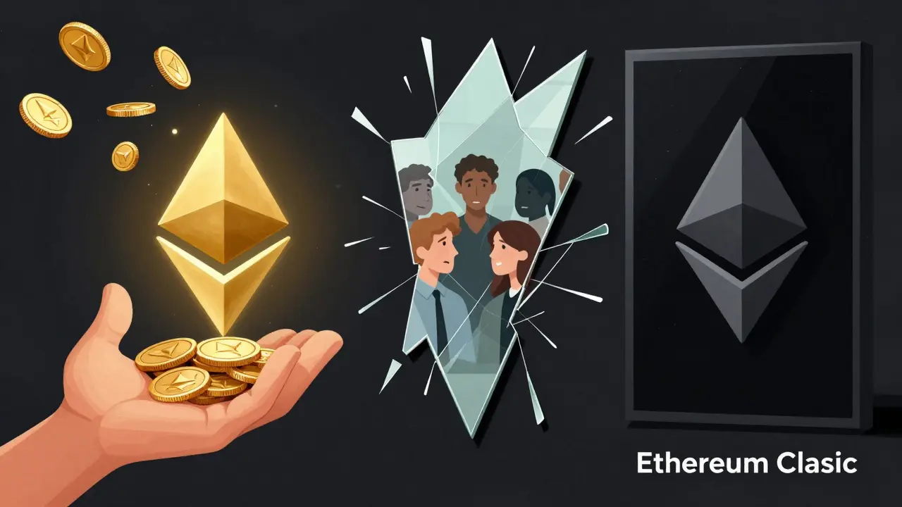 Two parallel blockchains side by side — one reversed, one unchanged — with a crowd arguing between them.