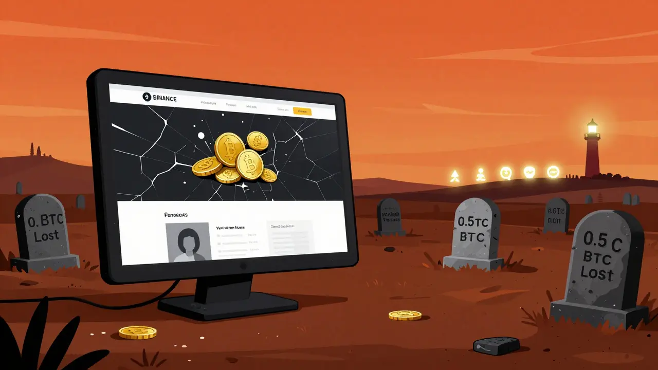 A barren digital wasteland with a flickering ghost website and a graveyard of lost crypto deposits.