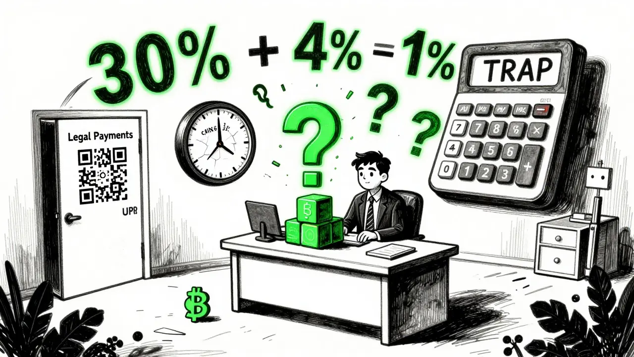 A business owner sits at a blockchain desk with floating crypto question marks and a tax calculator reading '30% + 4% + 1% = TRAP'.