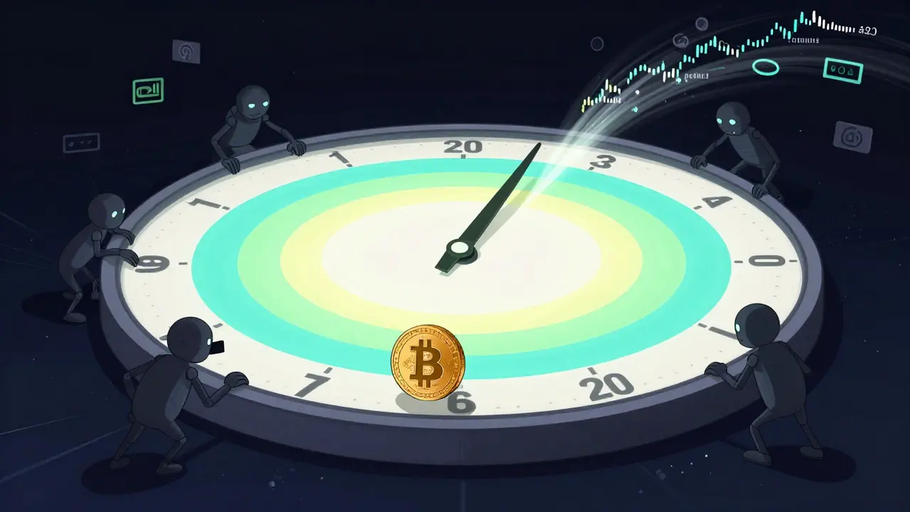 A clockface showing depth levels with glowing volume rings, a Bitcoin rolling along its rim, and shadowy bots adjusting the rings.