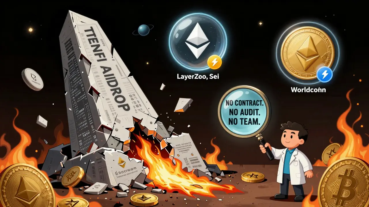 A collapsing monument labeled 'TENFI AIRDROP' falls into burning crypto logos while legitimate projects shine above.