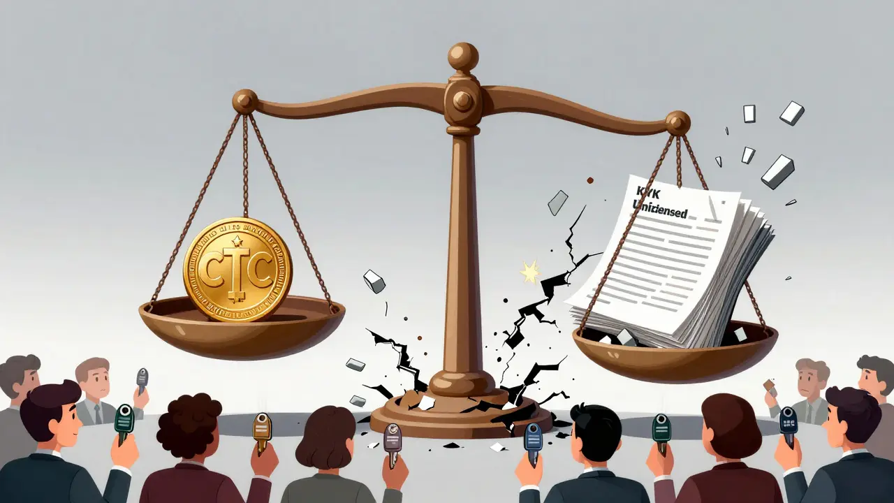 A Creditcoin token balanced against regulatory documents on a tipping scale as a blockchain breaks apart.