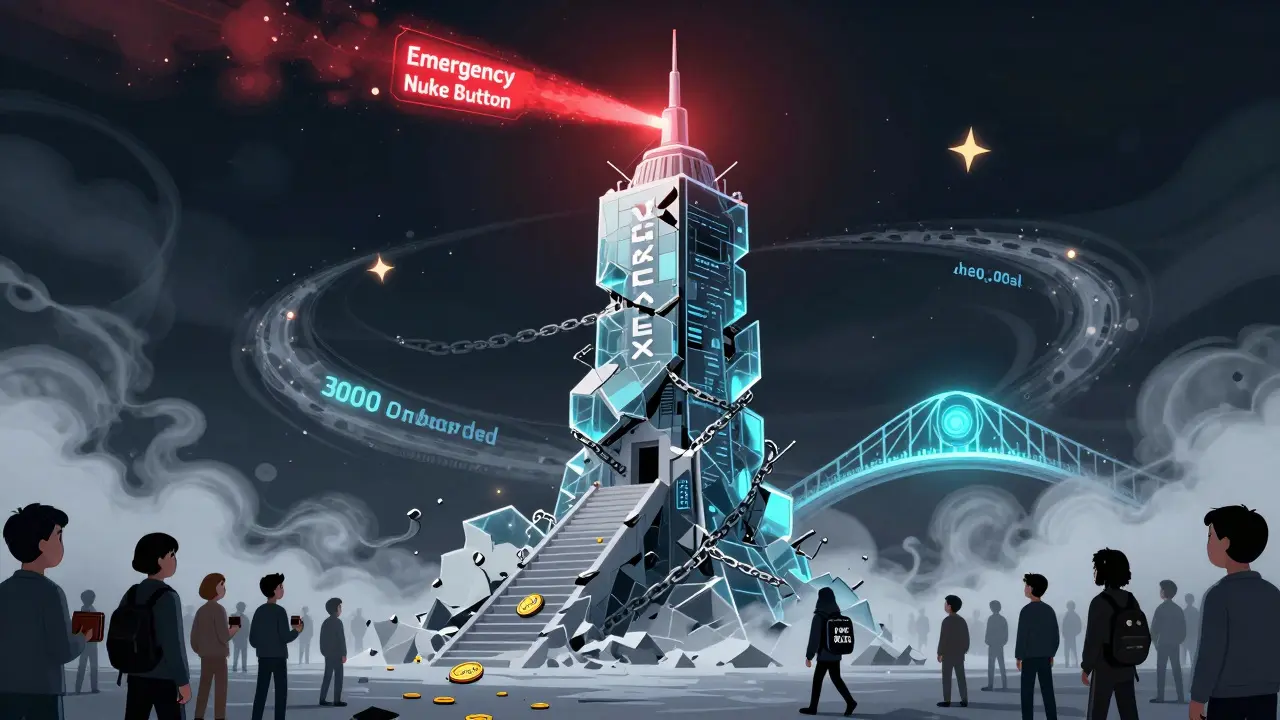 A crumbling DEX tower with a single .59 coin rolling down, while an Emergency Nuke Button fires stablecoin stars into the sky.