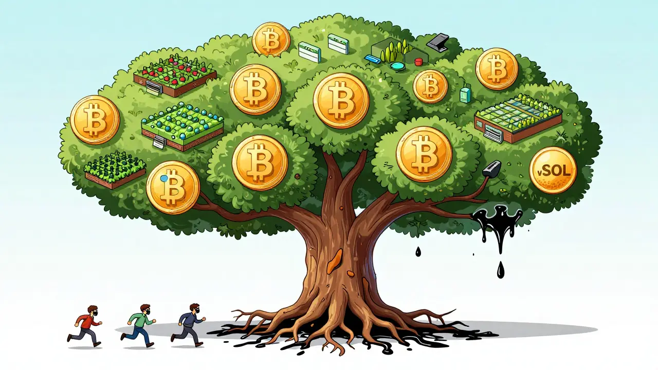 A DeFi tree with wrapped token roots rotting, causing the whole ecosystem to wilt as figures flee in gas masks.