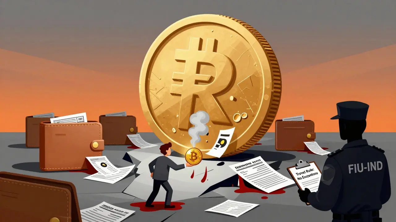 A digital rupee tower looms over shattered crypto wallets as an inspector watches a failed crypto payment.