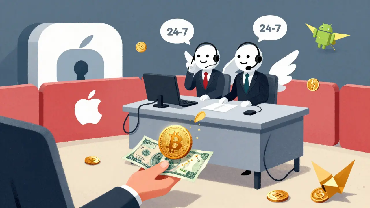 A floating support desk transforms cash into Bitcoin while an iOS app remains blocked.