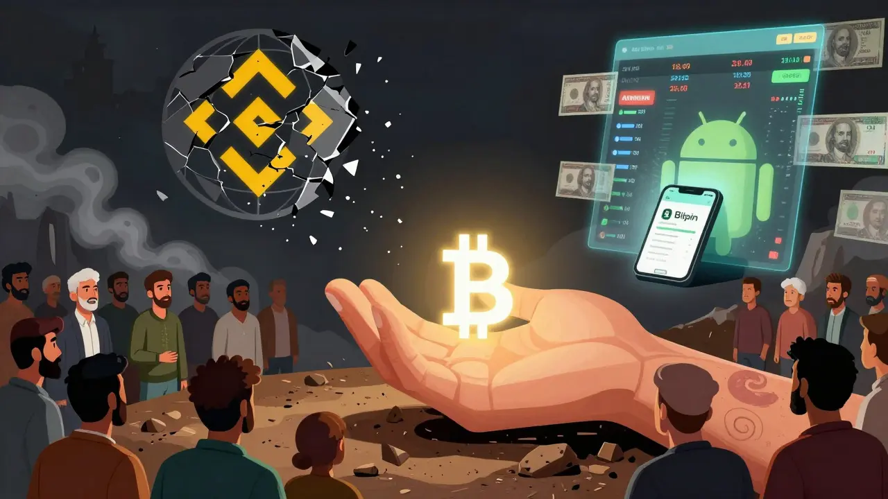 A giant hand offers Bitcoin to citizens as global exchanges crumble behind them.