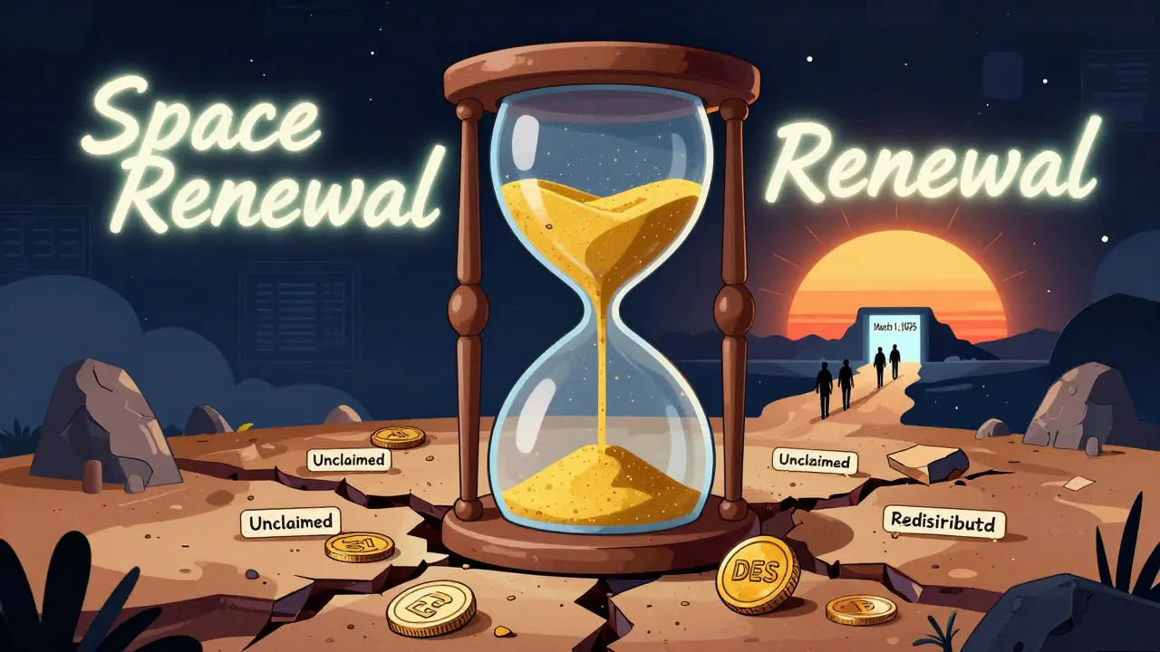 A giant hourglass turns wallet sand into DES tokens, with unclaimed tokens below and a new reward cycle rising in the distance.