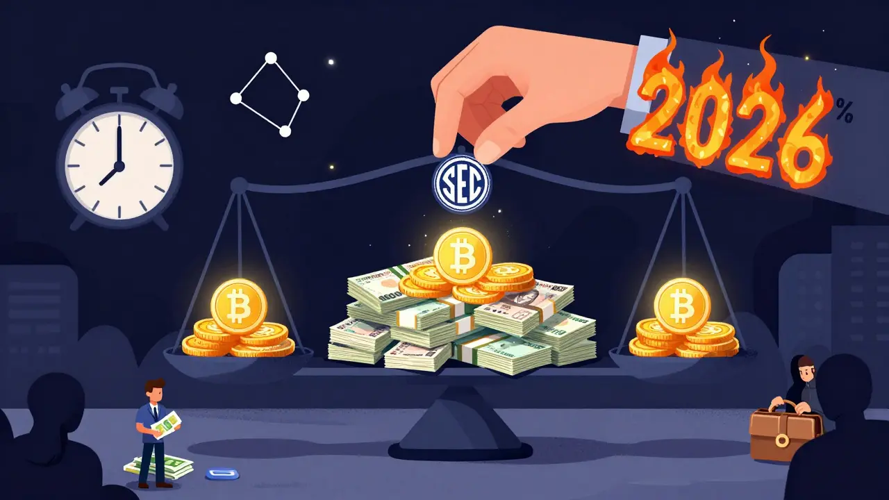 A giant scale balancing naira and crypto tokens, with an SEC hand adjusting weights as tax receipts burn toward January 2026.