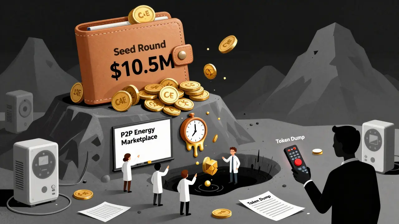 A giant seed fund wallet dumps C4E tokens into a void while empty EV chargers stand nearby.