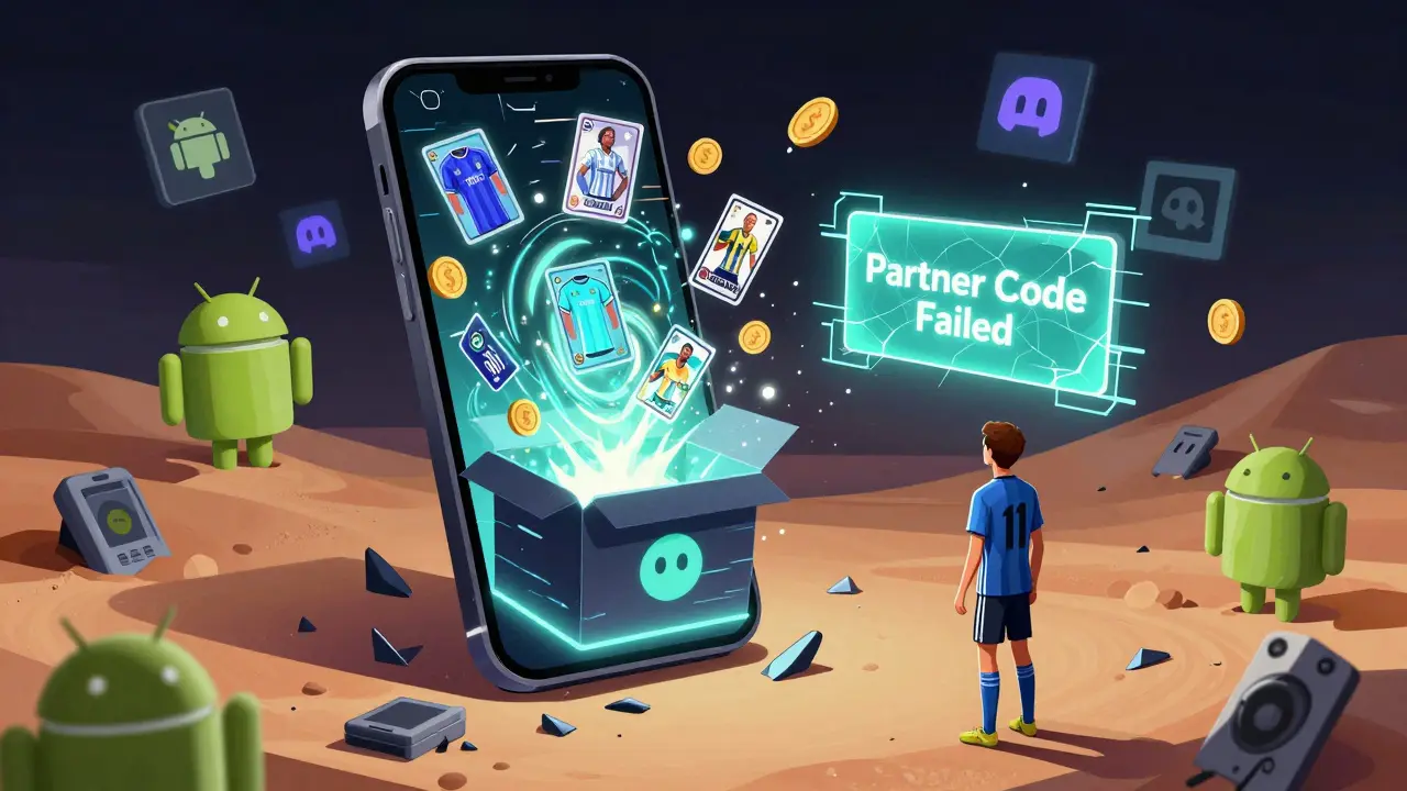 A glitching phone hovers over a graveyard of broken devices, one NFT box opening to reveal glowing tokens.