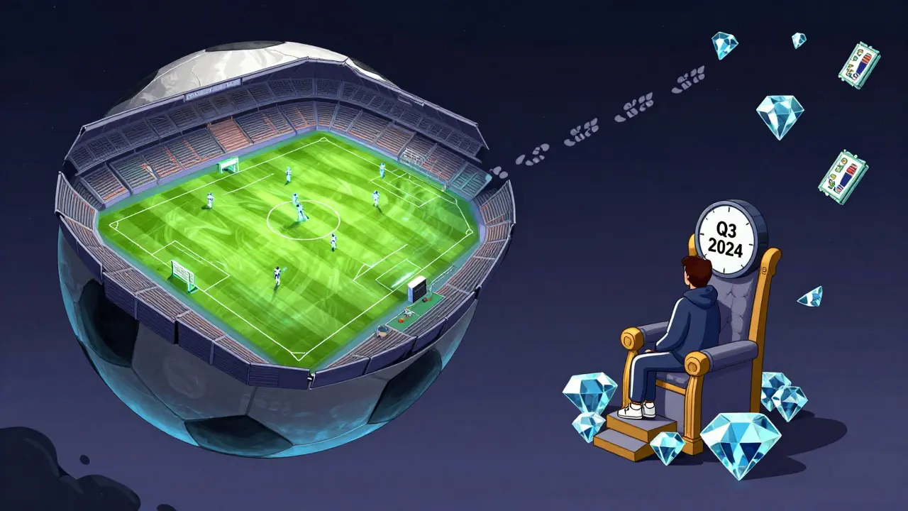 A half-built virtual football world floats in space, one side vibrant, the other empty, with a lone figure staring at a frozen clock.