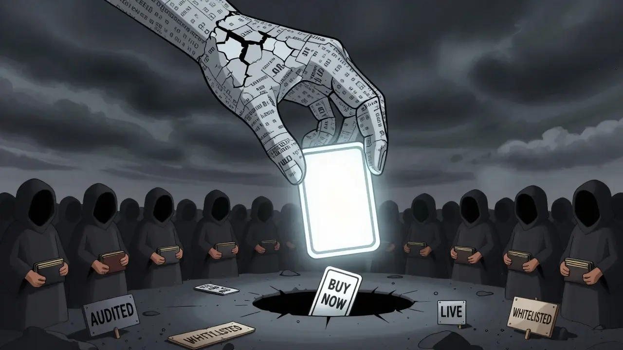 A hollow blockchain hand holds an empty NFT while faceless figures try to stake into a black hole.