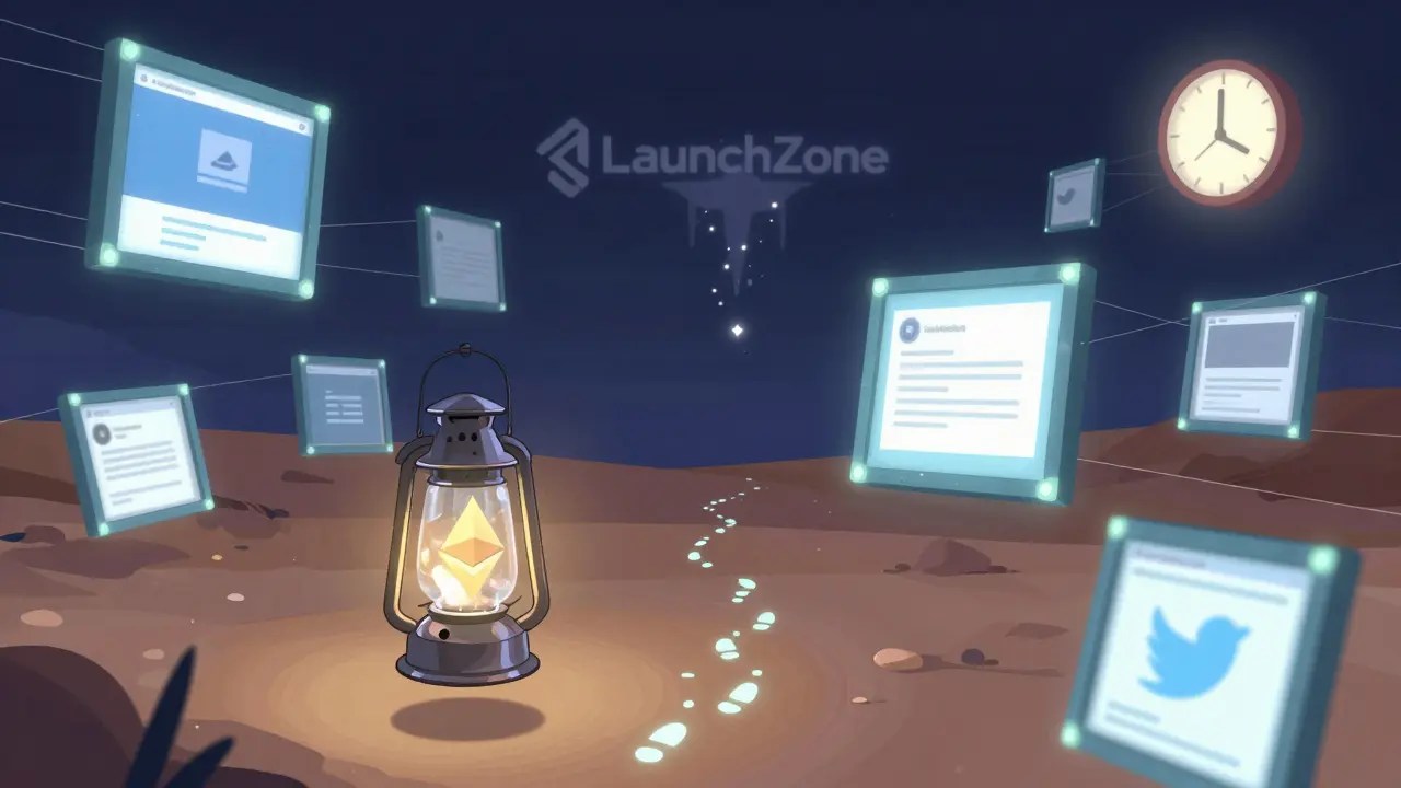 A lantern of Ethereum blocks hovers over floating empty NFT frames in a barren, mirage-filled landscape.