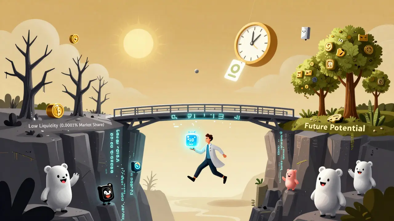 A lone figure crosses a bridge from low liquidity to future potential, carrying a vAMM core, with Phanta Bear NFTs floating nearby.