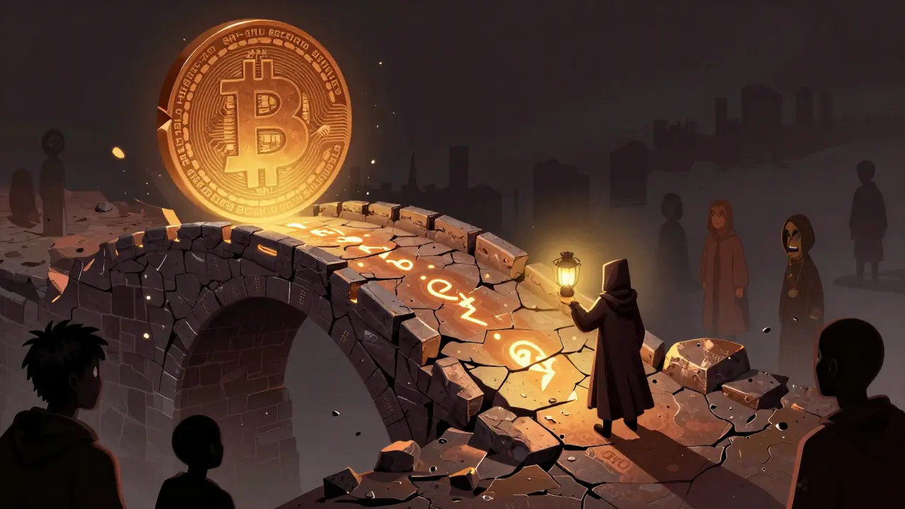 A lone figure holds a TRIO token as a lantern, lighting a path between crumbling BRC-20 and glowing Runes blockchain sides.
