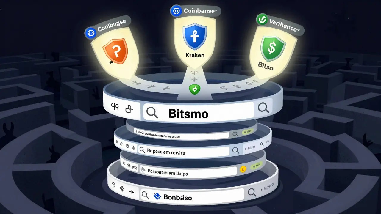 A maze of search results with Bitsmo buried under scams, while real exchanges shine as safe beacons above.