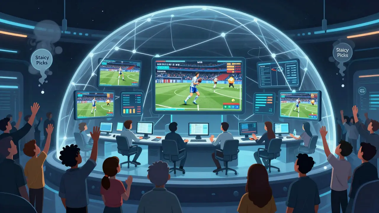 A neural network control room monitoring live sports data, with people reaching for floating AI predictions.