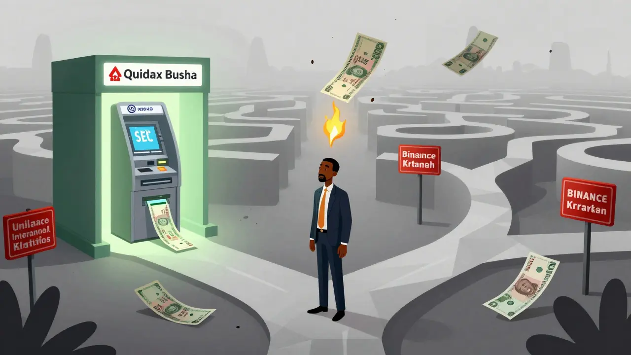 A person at a crossroads between a licensed crypto exchange with bank access and a foggy maze of unlicensed platforms.