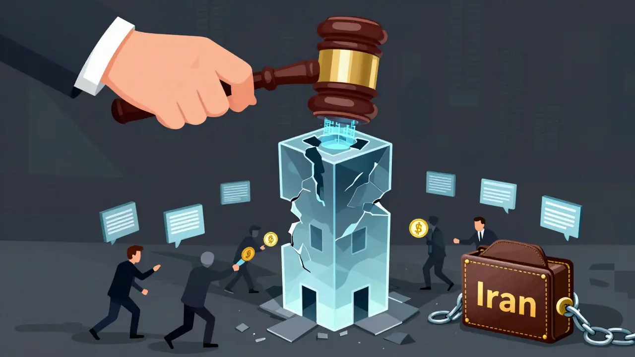 A transparent DeFi tower is crushed by a gavel made of blockchain code as U.S. users send crypto to a sanctioned wallet, with compliance workers scrambling to respond.