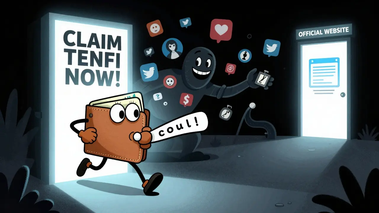 A wallet running from a deceptive portal labeled 'CLAIM TENFI NOW!' as a faceless entity reaches out with social media tentacles.