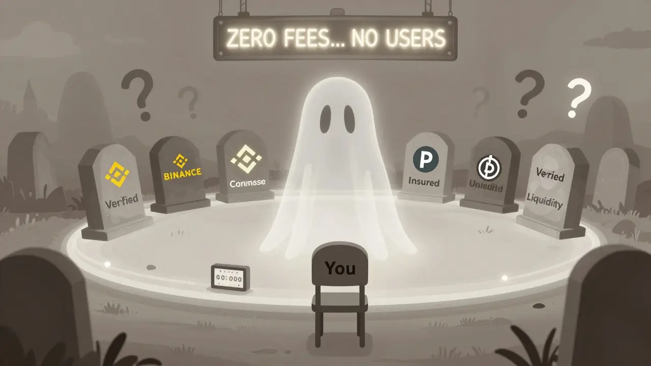 An abandoned chair facing a ghostly exchange platform, surrounded by graveyard tombstones of trusted crypto exchanges.