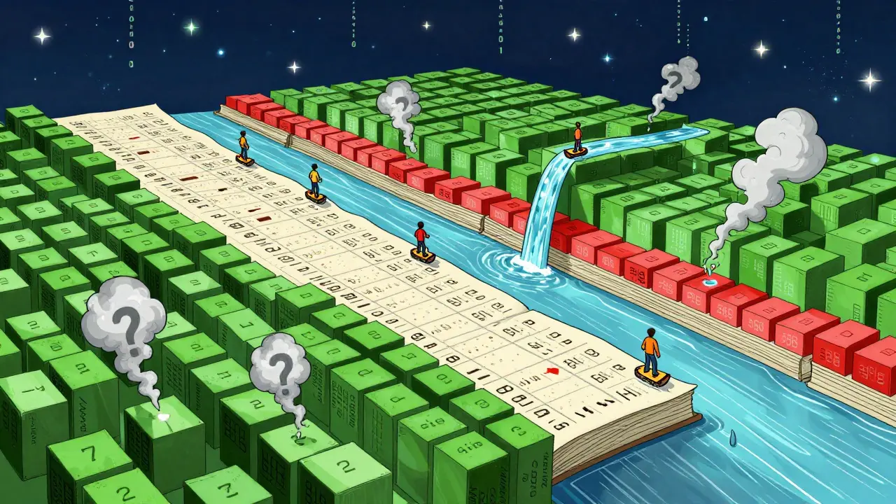An abstract order book landscape with stacked price cubes, a river of micro-orders, and traders dodging vanishing spoof orders.
