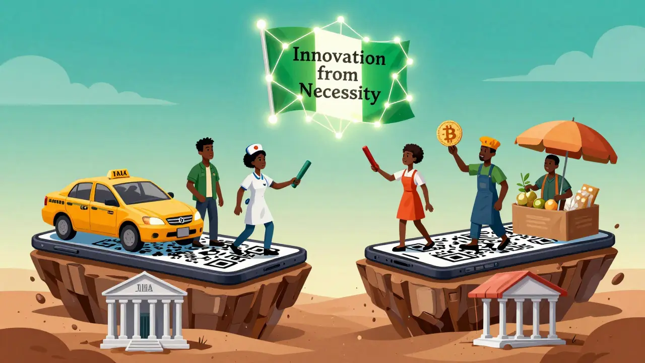 Diverse Nigerians pass crypto across a chasm as banks sink into quicksand, supported by blockchain nodes.