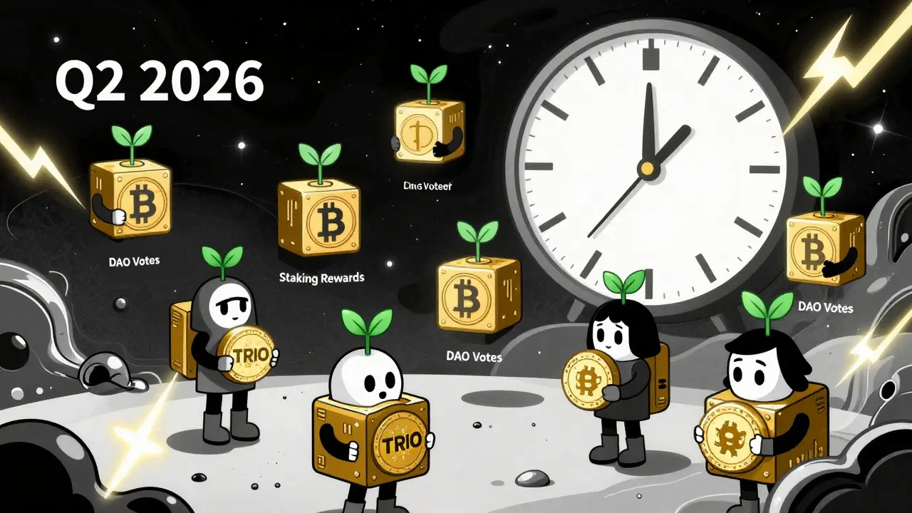 Floating Discord avatars shaped like Bitcoin blocks grow TRIO-powered plants under a ticking clock toward Q2 2026.