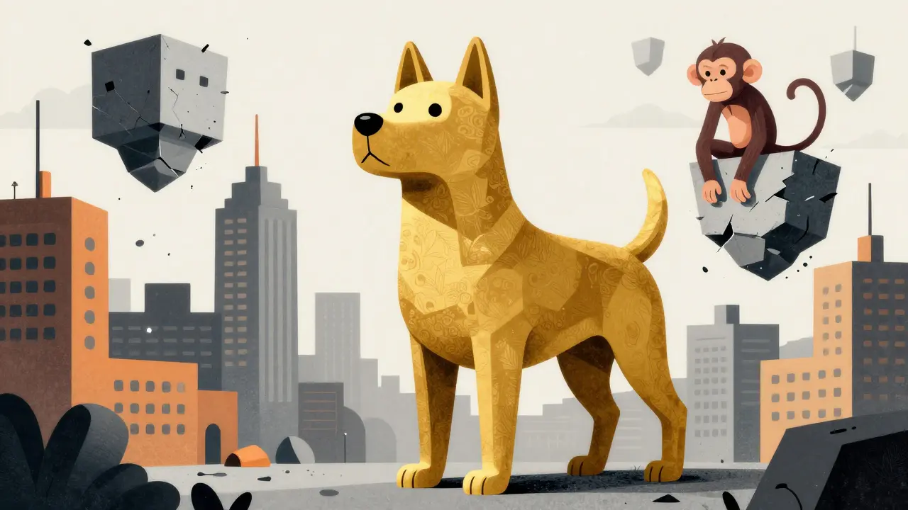 Golden dog in city vs. fragile monkey on crumbling blocks
