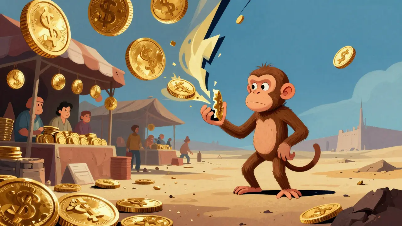 Monkey between bustling marketplace and desolate wasteland with coins of varying sizes