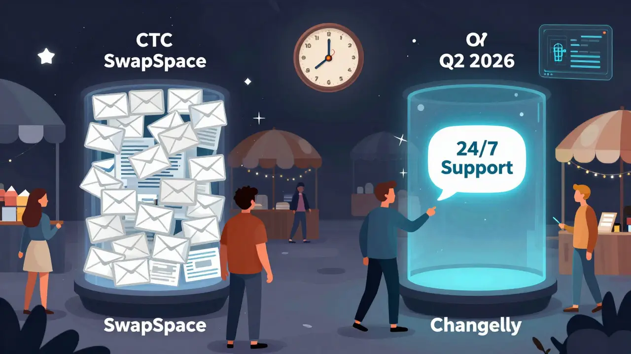 People trading CTC through surreal portals to chaotic dimensions, with a fading 2026 hologram above.