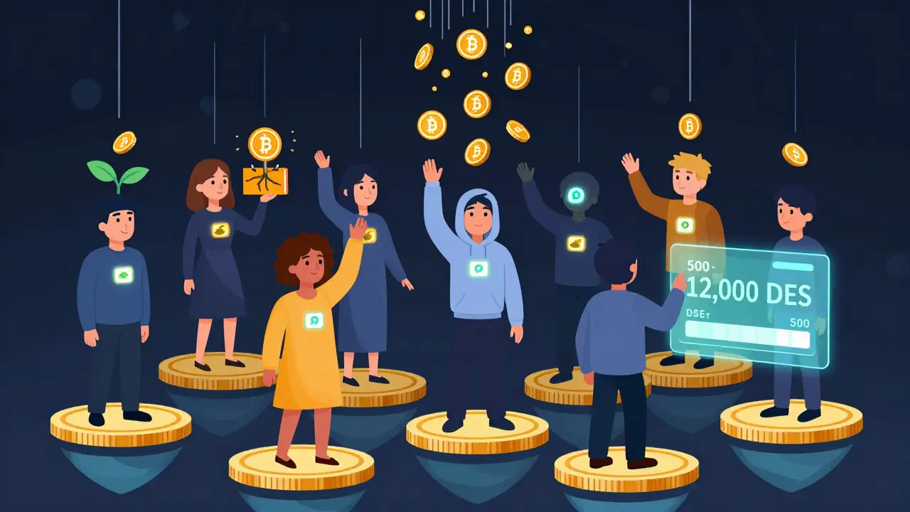 Stylized avatars reach toward a rain of DES tokens, each engaged in different DeSpace activities like staking and NFT trading.