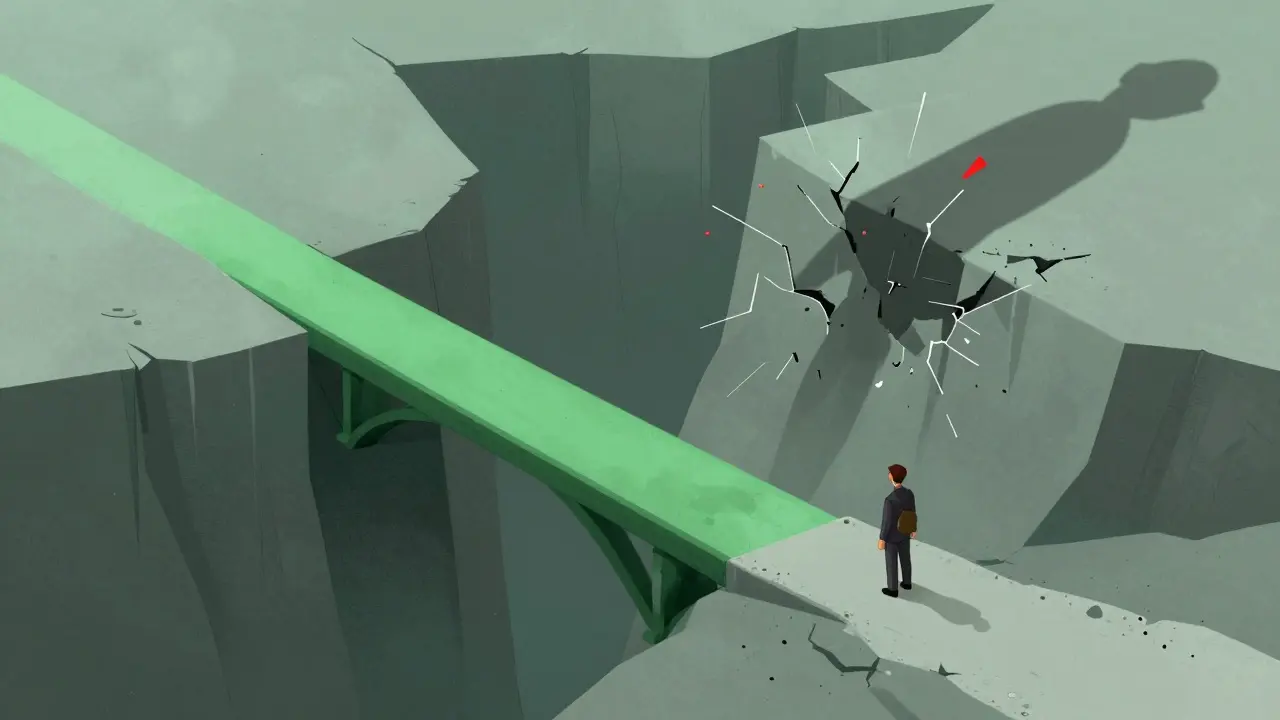 Trader on crumbling path across fragmented liquidity chasm with liquidation sparks.