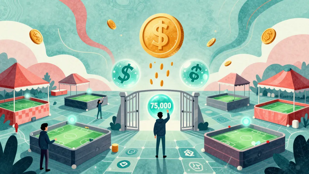 Users trading glowing SPORT tokens that transform into mini sports arenas, with USDC rewards raining down.