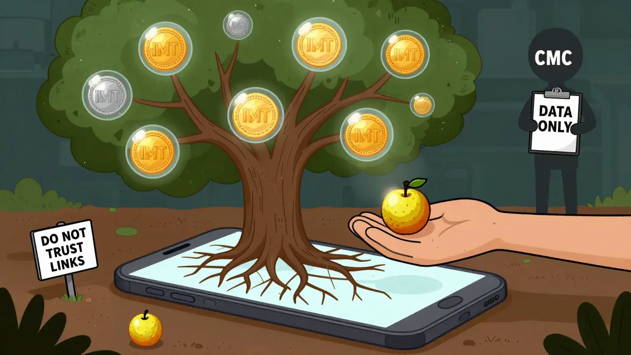 A blockchain-rooted tree with MST fruit falling to a player, while sealed IMT orbs remain untouched, watched by a shadowy 'CMC' figure.