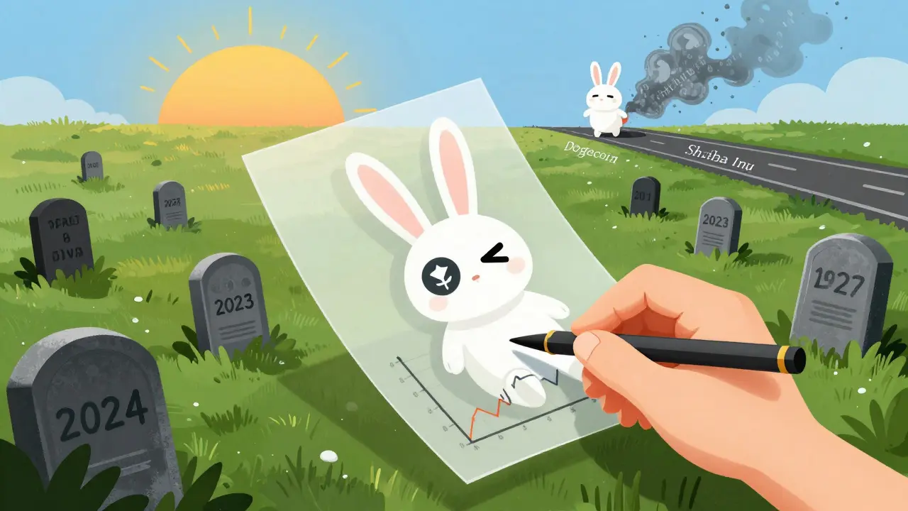 A child's drawing of Tuzki floats over a crypto graveyard, its eyes blinking as blockchain logos fade to gray.