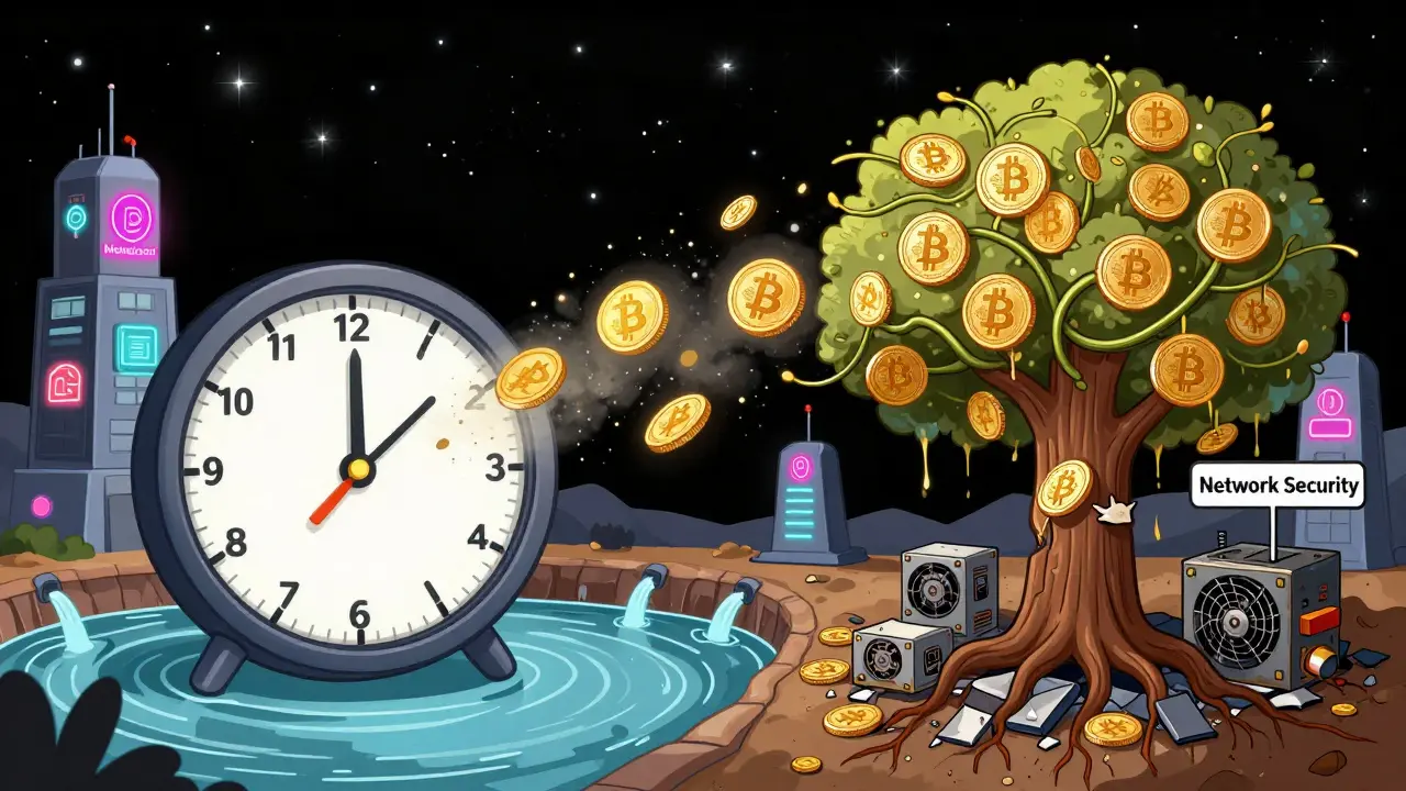 A clock ticking to 2140 as Bitcoin coins vanish, replaced by rising transaction fee vines, while corporate mines draw power from underground rivers over ruins of old mining gear.