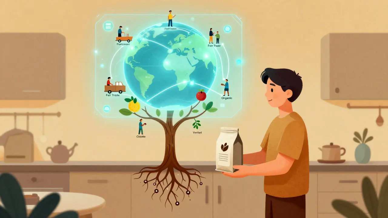 A consumer holding a coffee bag that becomes a tree with blockchain roots and verified fruit, while a holographic Earth displays global supply chains.