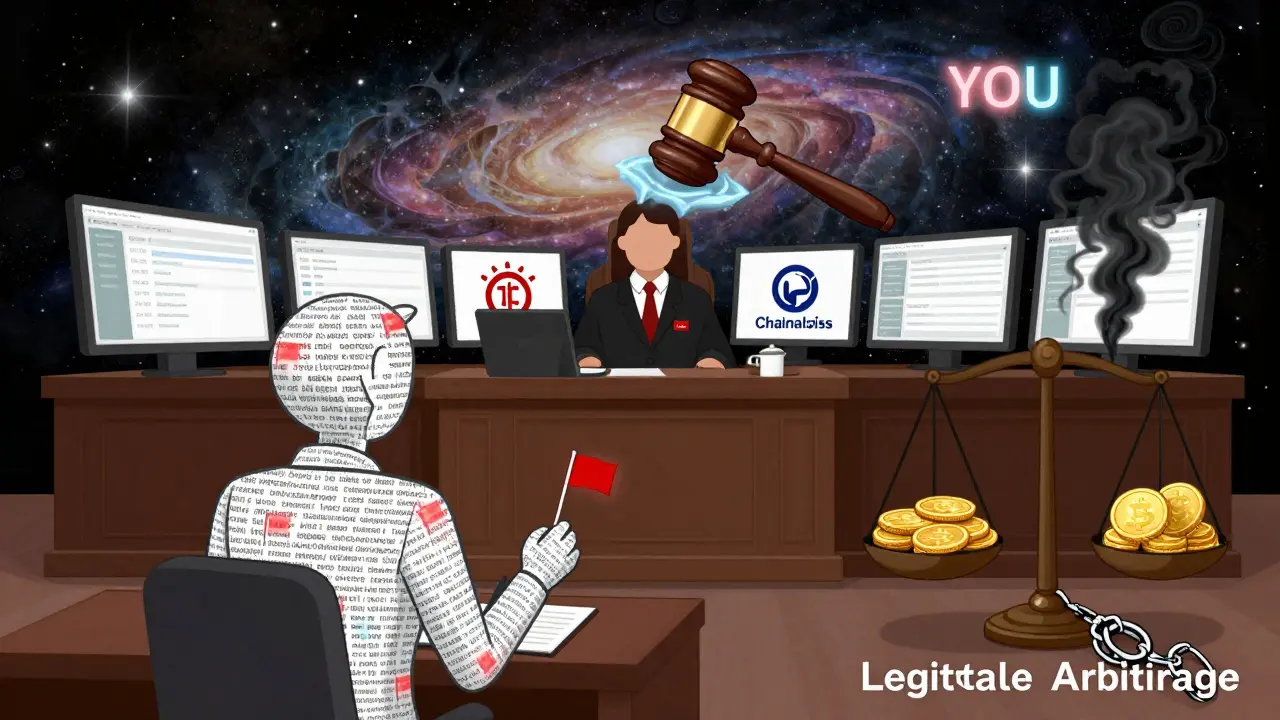 A courtroom where a person’s body is made of transaction logs, judged by OFAC dashboards and a frozen wallet gavel.