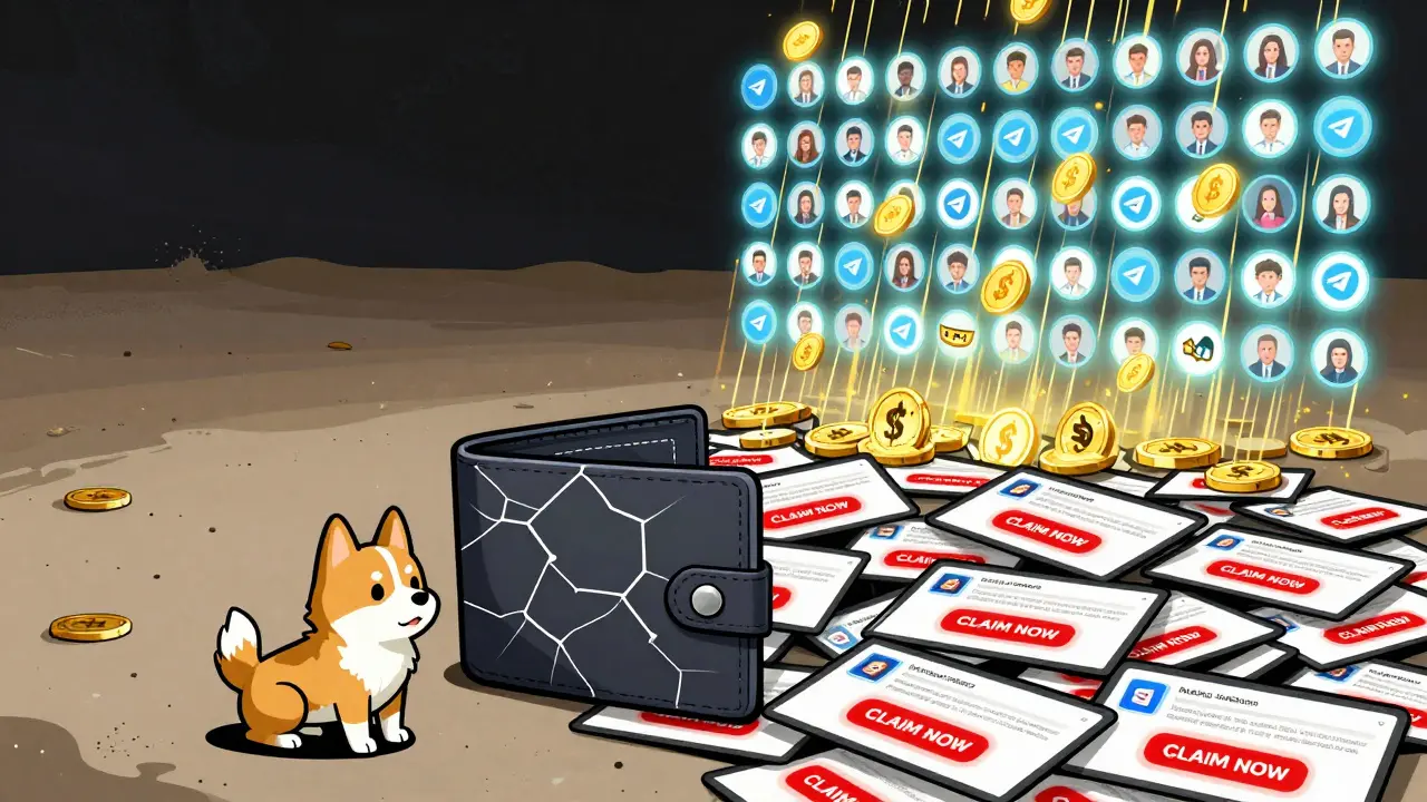 A cracked wallet reveals a dead DOGGY NFT beside fake scam websites, while DOGS tokens rain down in the distance.