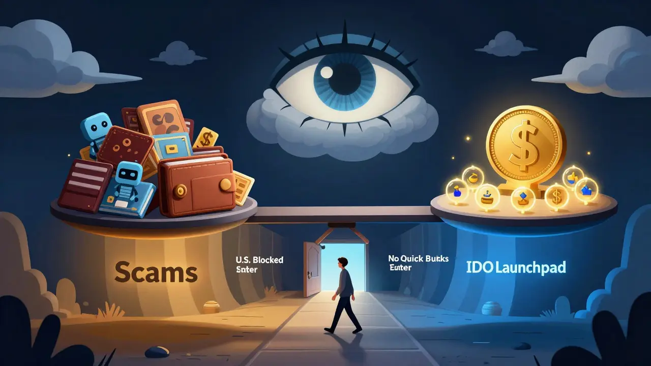 A digital scale contrasts fake airdrop scams with a single IF token, watched over by a CoinMarketCap eye.