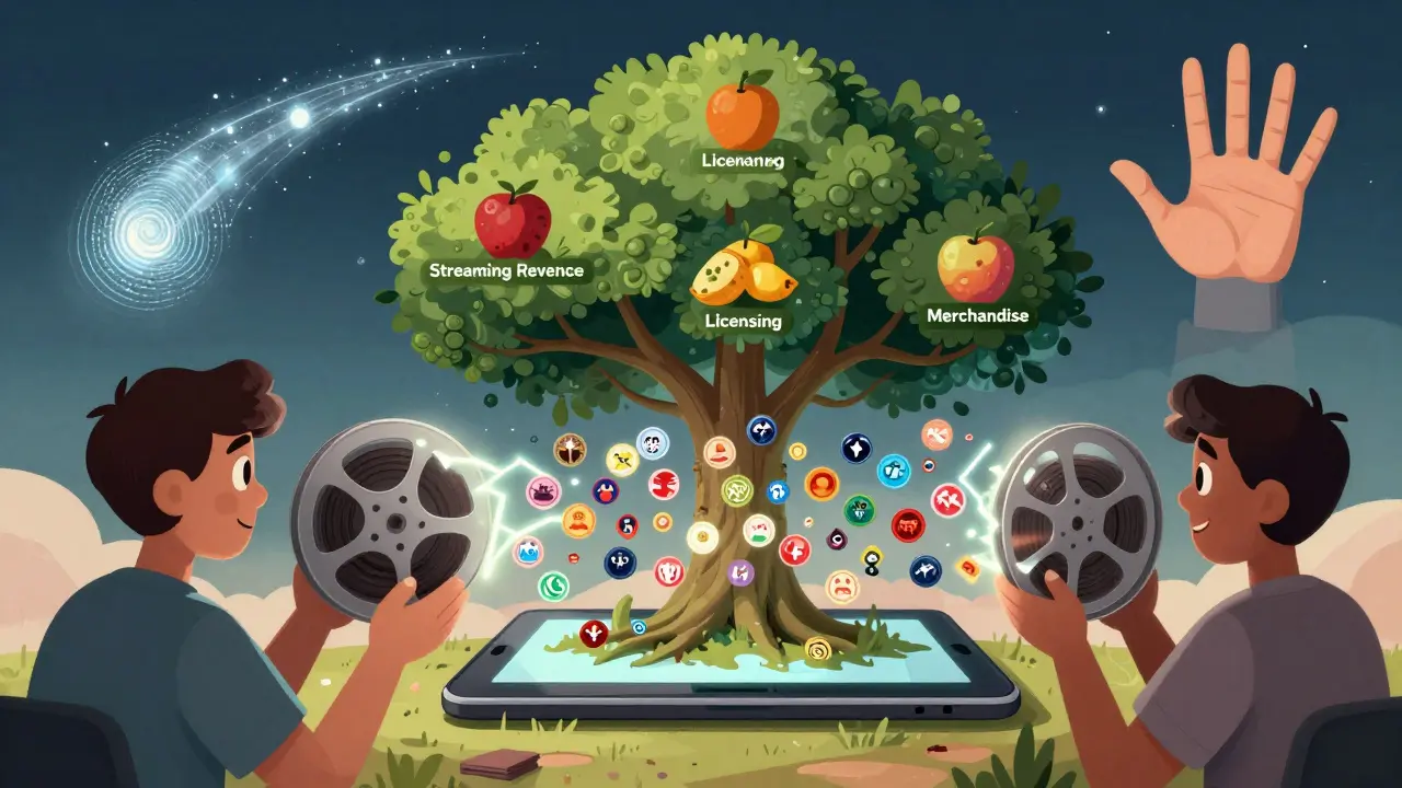 A filmmaker releases tokens from a film reel, while a blockchain tree grows with revenue fruits and a digital fingerprint trails behind.