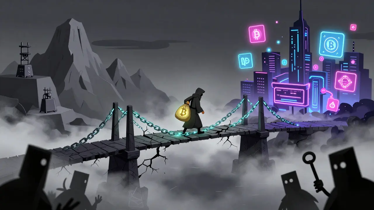 A fragile bridge connects a Bitcoin mountain to a smart contract city, with shadowy validators below and cracks forming in the chain.