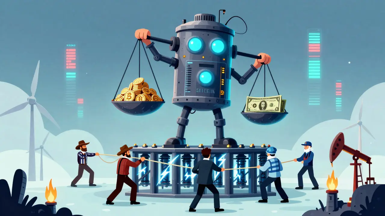 A giant ASIC miner balancing Bitcoin coins against electricity costs, surrounded by miners from different regions connected to energy sources in a dreamlike void.